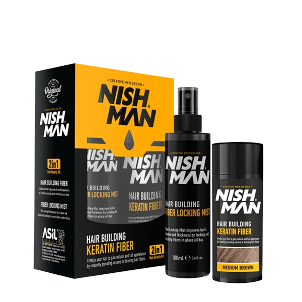 NISHMAN FIBRA CAPILAR CASTAÑO MEDIO 21GR + LACA FIJADORA 100ML